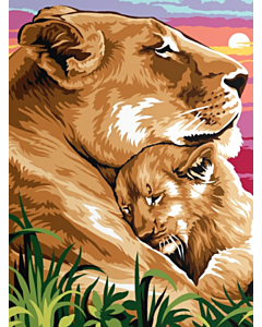 Voorbedrukt canvas/stramien knuffelde leeuwin met welp om te borduren van Margot