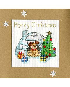 Bothy Threads borduurpakket kerstkaart hond met iglo XMAS25 telpatroon incl. passe-partout, kaart en envelop