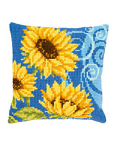 Borduurpakket voorbedrukt kruissteek kussen zonnebloemen op blauwvan vervaco