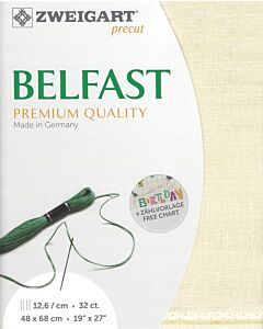 Zweigart borduurstof linnen Belfast 32counts - 12,6draadjes per centimeter in de kleur 222 creme. Het borduurstof lapje is 48x68cm groot. Een perfecte stof voor kruissteek en spansteek en zo dus ook voor vrij borduren. De borduurstof is regelmatig geweven