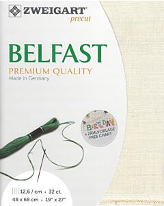 Zweigart borduurstof linnen Belfast 32counts - 12,6draadjes per centimeter in de kleur 99 ecru. Het borduurstof lapje is 48x68cm groot. Een perfecte stof voor kruissteek en spansteek en zo dus ook voor vrij borduren. De borduurstof is regelmatig geweven w