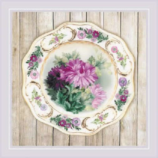 Riolis borduurpakket Plate with Chrysanthemums in spansteek