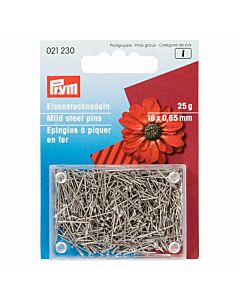 IJzere zilverkleurige spelden van Prym lengte 16mm, dikte 0.65mm. Doosje op kaart 25 gr. nr 021230. 