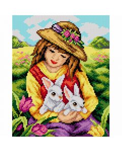Voorbedrukte stramien meisje met konijnen Orchidea 2494H excl borduurgaren