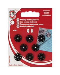 Kaartje met 6 zwarte  naaibare drukknopen van kin. 15.9/15 mm. Deze is samen te gebruiken met de vernietbare drukknopen van Prym.