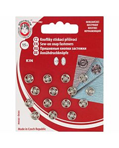 Kaartje met 8 zilvere naaibare drukknopen van Kin 10/9 mm.