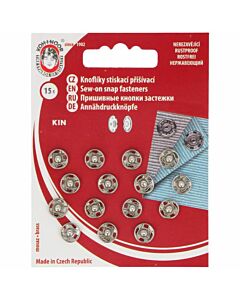 Kaartje met 8 zilvere naaibare drukknopen van Kin 11/10 mm.