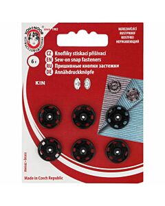Kaartje met 4 zwarte naaibare drukknopen van Kin. 18.9/18mm. Wordt veel gebruikt voor armbanden of als sluiting.