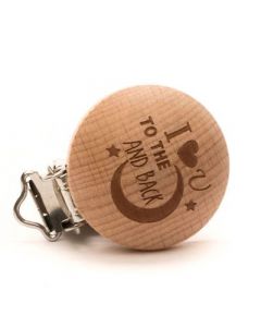 Durable speenclip 'I love you to the moon and back' hout 