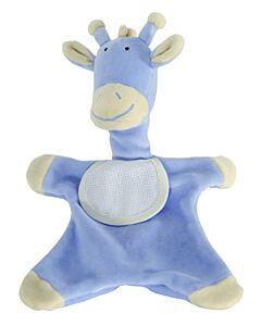 Blauw knuffel/kroeldoek giraffe,  30cm hoog met slab om iets op te borduren.