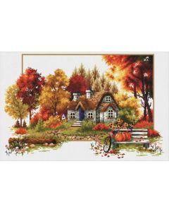 Voorbedrukt borduurpakket autumn cottage - herfst huisje op aida Needleart World 640.047