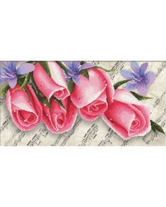 Voorbedrukt borduurpakket Pink Roses & Music rose rozen met muziek op aida Needleart World