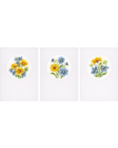 Vervaco borduurpakket 3 wenskaarten gele en blauwe bloemen pn-0155786
