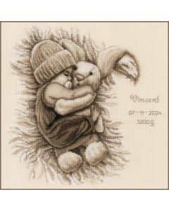 Vervaco borduurpakket geboortetegel Baby met knuffelkonijn PN-0202245 om te borduren in Sepia stijl.
