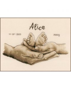 Vervaco borduurpakket geboortetegel Handen en baby voetjes PN-0202331 borduren in Sepia stijl