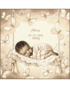 Vervaco borduurpakket geboortetegel Baby in hangmatje met Vlinders PN-0202504 in Sepia stijl