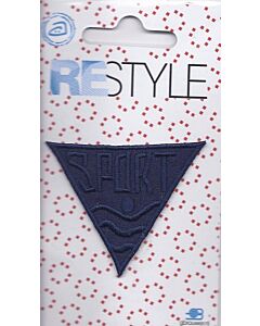 Driehoekig, blauw met de tekst sport applicatie. 