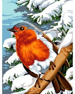Voorbedrukt canvas roodborstje in de sneeuw om te borduren van Margot 153.1431