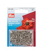 IJzere zilverkleurige spelden van Prym lengte 16mm, dikte 0.65mm. Doosje op kaart 25 gr. nr 021230