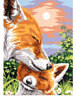 Voorbedrukt canvas/stramien knuffelde vos met jong om te borduren van Margot