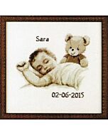 Borduurpakket geboortelap baby met beer van pako met telpatroon