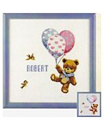 Borduurpakket geboortelap  robert of noor beer met ballonnen van pako met telpatroon