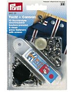 Vernietbare drukknopen yacht & caravan met zware sluitkracht van Prym. Messing, roestvrij, knooponderdeel aanschroefbaar en zilverkleurig met een doorsnee van 15mm. 