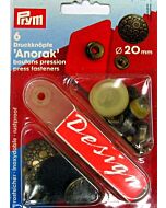 Vernietbare drukknopen Anorak Dessin Collage met medium sluitkracht van Prym. Messing, roestvrij, oudmessing gekleurd met een doorsnee van 20mm.