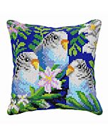 Orchidea borduurkussenpakket parkieten met bloemen 99094 voorbedrukt (kussenrug en opvulkussen apart verkrijgbaar)