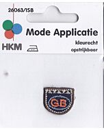 Klein, blauw met bruine rand en tekst GB erin applicatie.