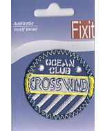 Applicatie rond, blauw met geel en wit, tekst crosswind.