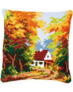 Borduurpakket kruissteekkussen huisje in herfstbos van Vervaco pn-0146247