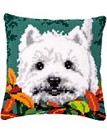 Borduurpakket kruissteekkussen westie tussen herfstbladeren van Vervaco pn-0170288