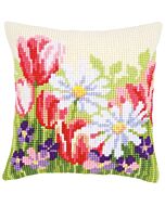Borduurpakket voorbedrukt kruissteek kussen Lente bloemenveld van vervaco pn-0163859