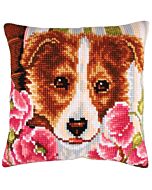 Borduurpakket voorbedrukt kruissteekkussen hond met roze klaprozen Collection d'Art  5213