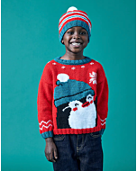 Kinder kerst trui breien met een pinqouin en muts