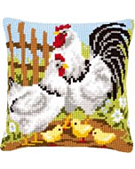 Borduurpakket  kussen  Kippenfamilie op de boerderij