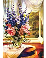 Voorbedrukt borduurpakket Bloemen Vaas bij het raam op aida van Needleart world. 750.019