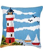 Vervaco borduurpakket  kruissteekkussen vuurtoren en zeilbootjes pn-00008601 voorbedrukt
