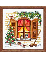 Borduurpakket kruissteek telwerk poes voor het raam winter Vervaco 2002/70.184