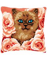Borduurpakket kruissteekkussen kitten tussen rozen Vervaco pn-0171855