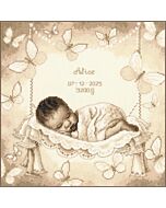 Vervaco borduurpakket geboortetegel Baby in hangmatje met Vlinders PN-0202504 in Sepia stijl