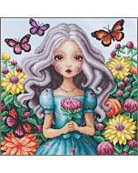 Lanarte borduurpakket meisje met dahlia's en vlinders PN-0206839 telpatroon is een borduurpakket van de serie Romance.