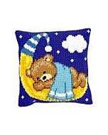 Kruissteekkussen blauw beertje op de maan om te borduren 