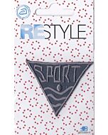 Driehoekig, donker grijs met de tekst sport.