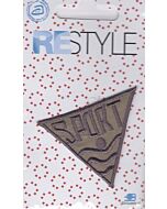 Driehoekig, bruin/beige met de tekst sport.