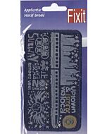 Fixit applicatie jeansblauw en rechthoekig met figuren en teksten erin.