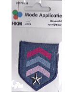 Applicatie jeans blauw met roze en blauwe strepen en een zilvere ster.