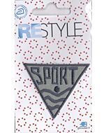 Driehoekig, licht grijs met de tekst sport.