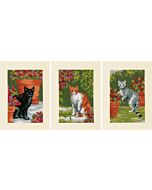 Vervaco wenskaarten met omslag poezen tussen bloemen set van 3 borduren pn-0188672